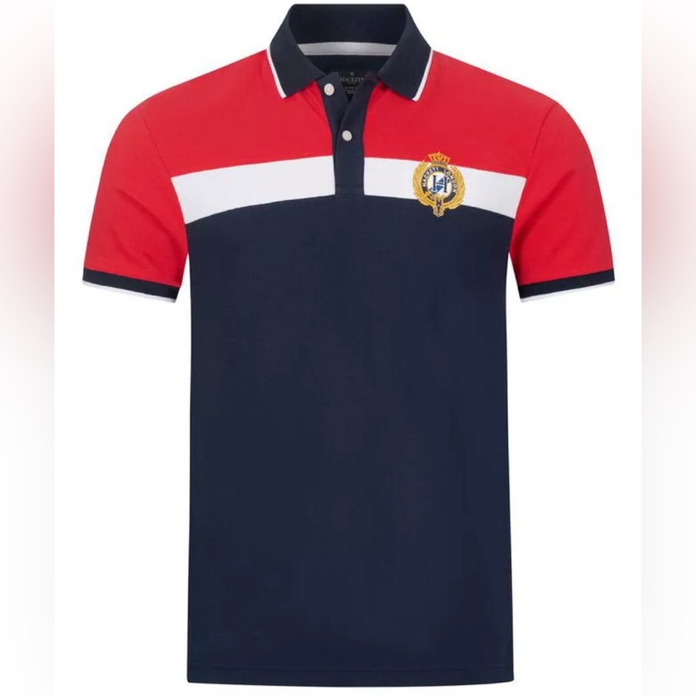 Hackett boys size 13-14 red white and navy blue polo shirt with crest authentic